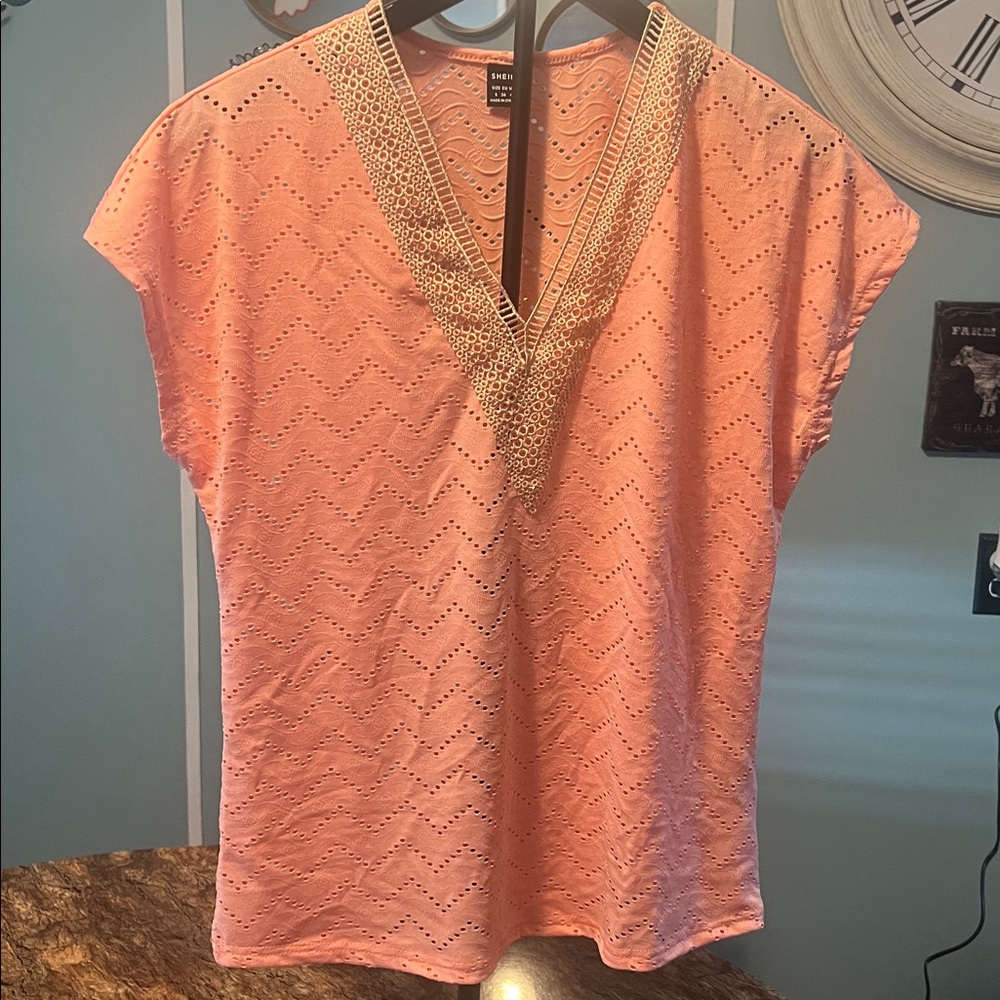 SHEIN Pink Eyelet Top with Silver Detailing Small